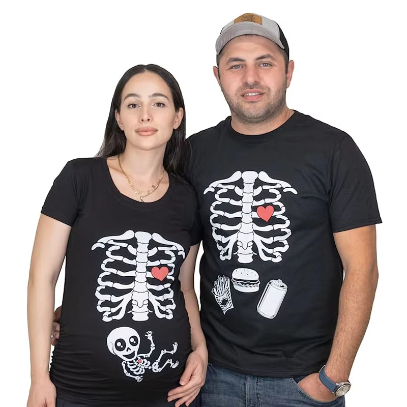 Food Baby X Ray - Cadılar Bayramı İskelet Tişörtleri Çift Röntgen
